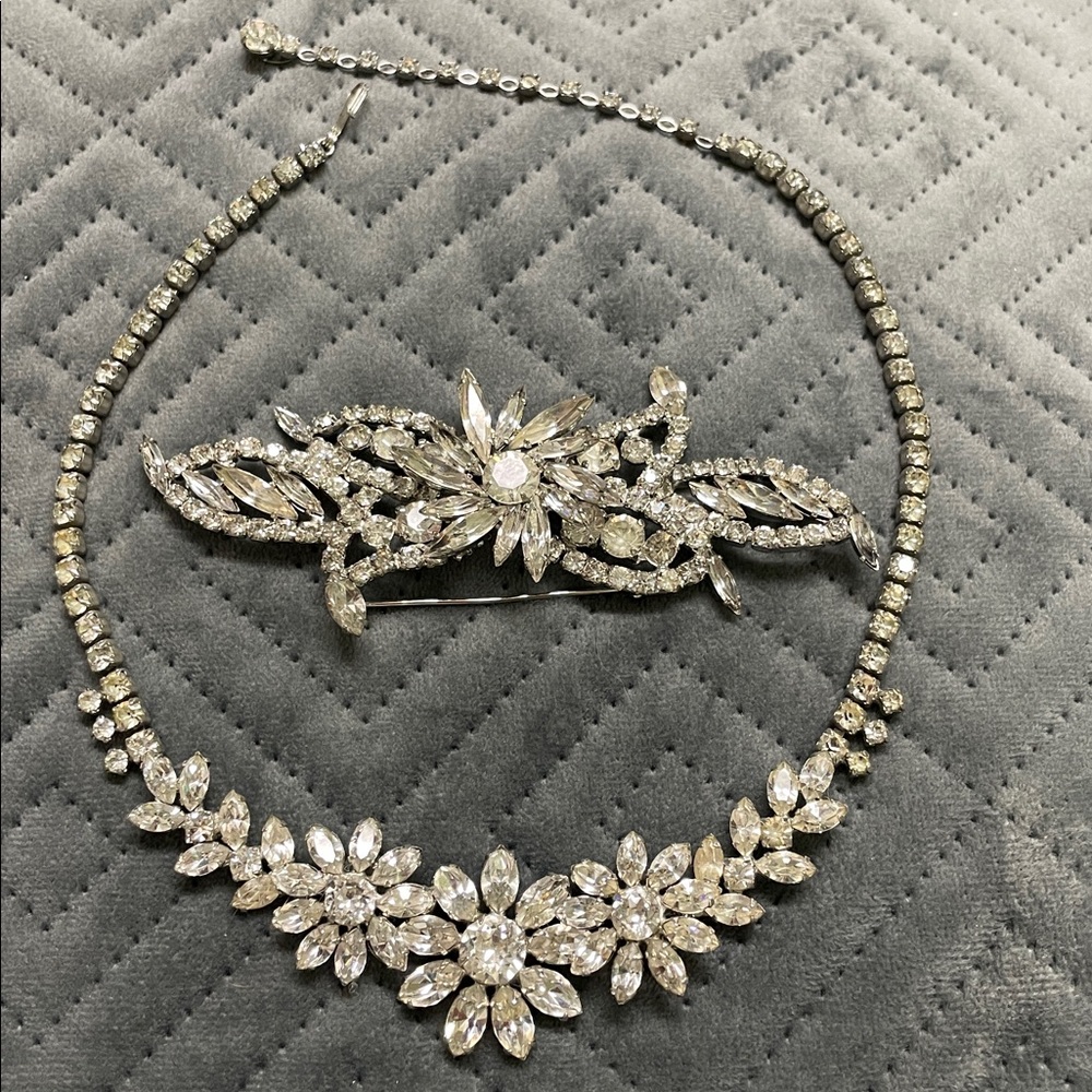 Vintage Sherman Silver Crystal floral design Necklace and Brooch Set
